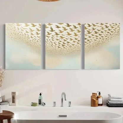 3pcs Flying Birds Golden & White Flock Design Metal Print Ready to Hang Art