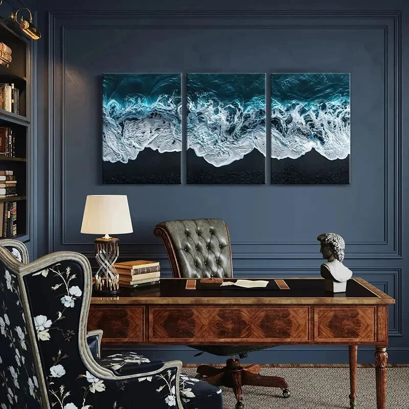 3pcs Ocean Waves Black Sand Beach Natural Lands Metal Print Ready to Hang Art