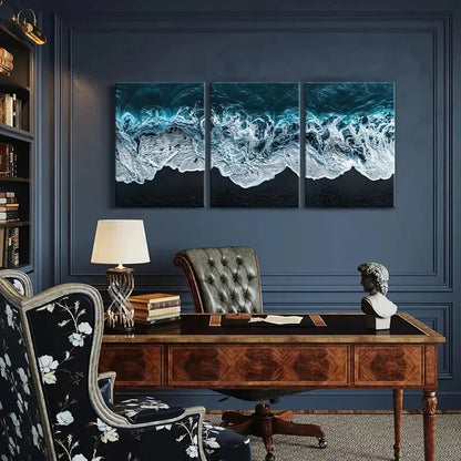 3pcs Ocean Waves Black Sand Beach Natural Lands Metal Print Ready to Hang Art