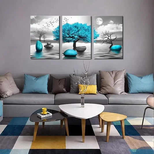 3pcs Abstract Teal Blue Tree of Life and Stones Metal Print Ready to Hang Art