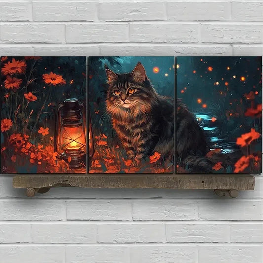 3pcs Kitten and Lantern Flowers Wall Art Set Canvas Framed 40x60cm – High Quality Print 100% Australian Made Wall Canvas Ready to Hang - Bella Home Decor