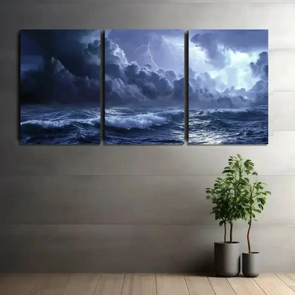 3pcs Dark Blue Sea with Lightning in The Sky Metal Print Ready to Hang Art