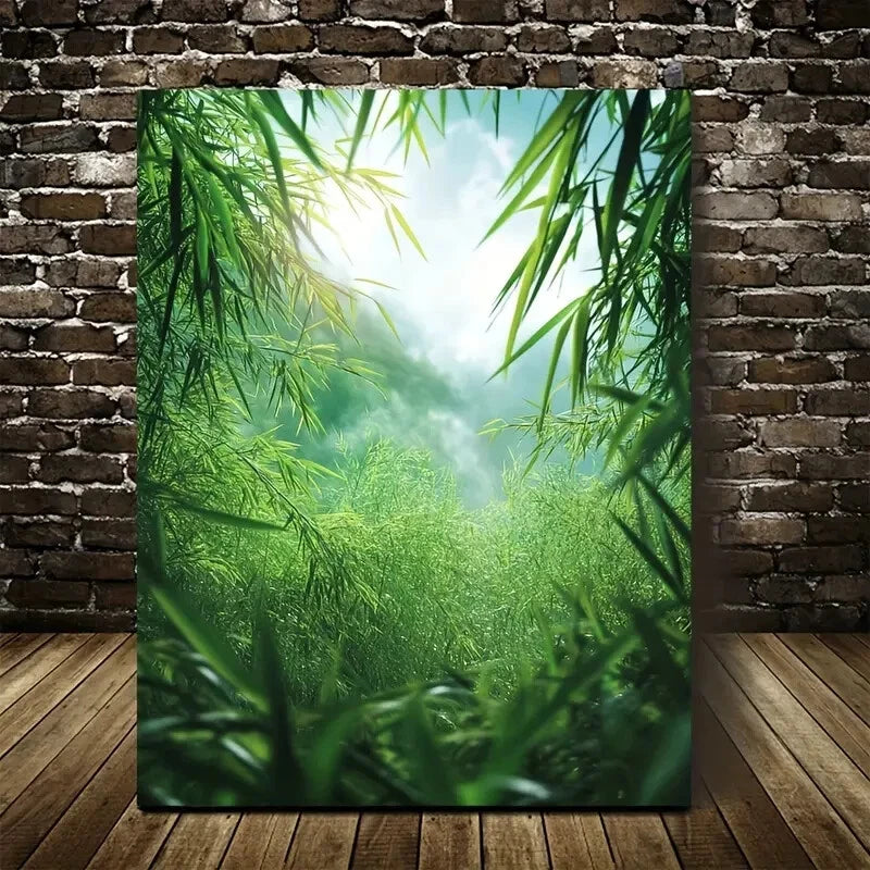 Green Bamboo Grass Meadow Painting 40x60cm Metal Print Ready to Hang