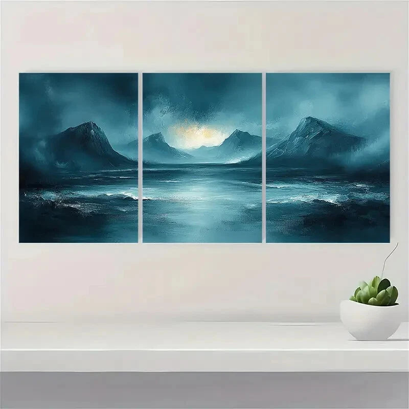 3pcs Teal Gray Abstract Landscape Minimalist Metal Print Ready to Hang Art