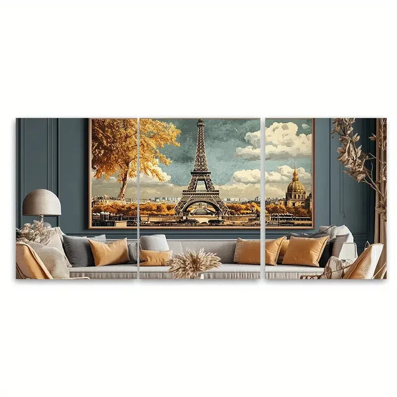 3pcs Eiffel Tower Vintage Paris Cityscape Metal Print Ready to Hang Art