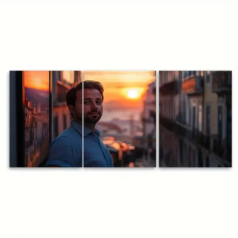 3pcs Vibrant Lisbon Tram Sunset Travel Poster Metal Print Ready to Hang Art