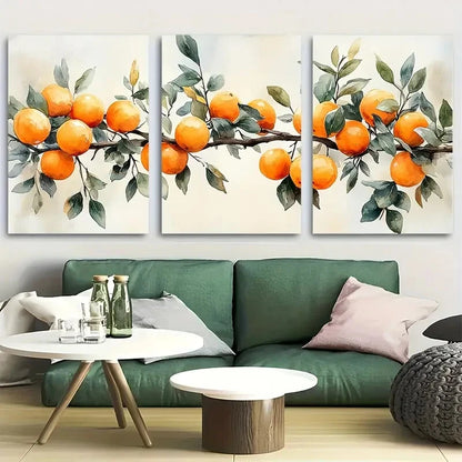 3pcs Minimalist Orange Branch with Leaves Metal Print Ready to Hang Art