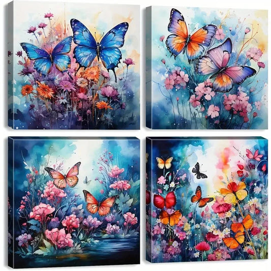 4pcs Vibrant Blue Butterfly Wall Art Canvas Framed
