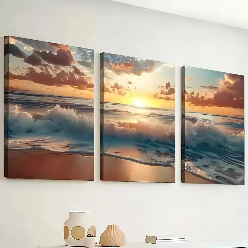 3pcs Beach Sunset Landscape Wall Art Set Canvas Framed 50x70cm - High Quality Print 100% Australian Made Wall Canvas Ready to Hang - Bella Home Decor
