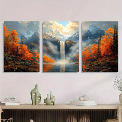 3pcs Autumn Waterfall Misty Mountain Perfect Wall Art Set Canvas Framed 40x60cm - High Quality Print 100% Australian Made Wall Canvas Ready to Hang