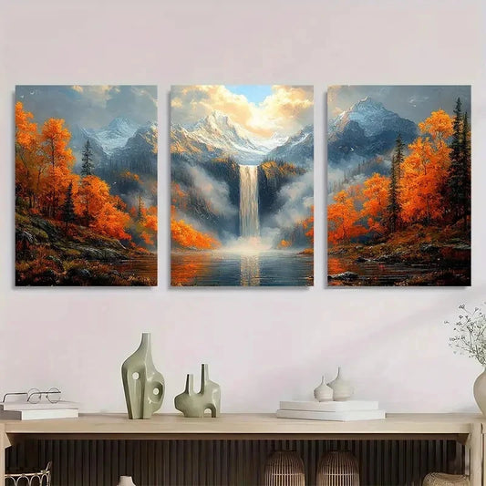 3pcs Autumn Waterfall Misty Mountain Perfect Wall Art Set Canvas Framed 40x60cm - High Quality Print 100% Australian Made Wall Canvas Ready to Hang