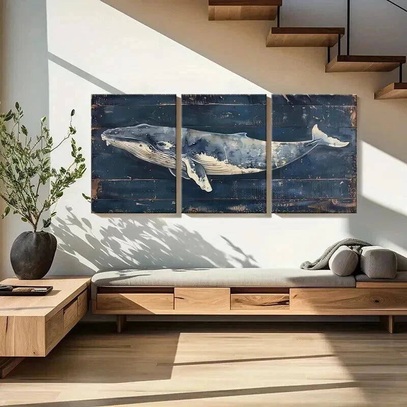3pcs Abstract Blue Whale & Ocean Life Wall Art Set Canvas Framed 40x60cm - High Quality Print 100% Australian Made Wall Canvas Ready to Hang