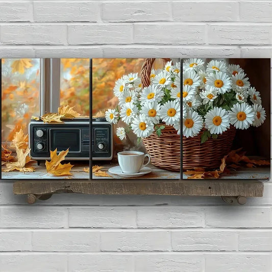 3pcs Daisy Bouquet & Coffee Table Scene Metal Print Ready to Hang Art