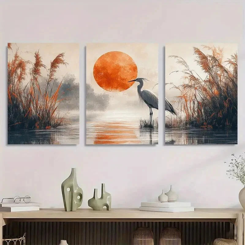 3pcs Serene Heron Golden Sunset & Misty Reeds Metal Print Ready to Hang Art