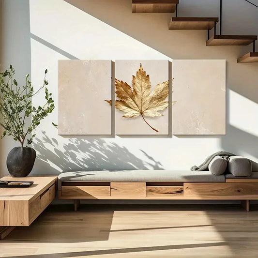 3pcs Golden Maple Leaf Art Elegant Poster Metal Print Ready to Hang Art