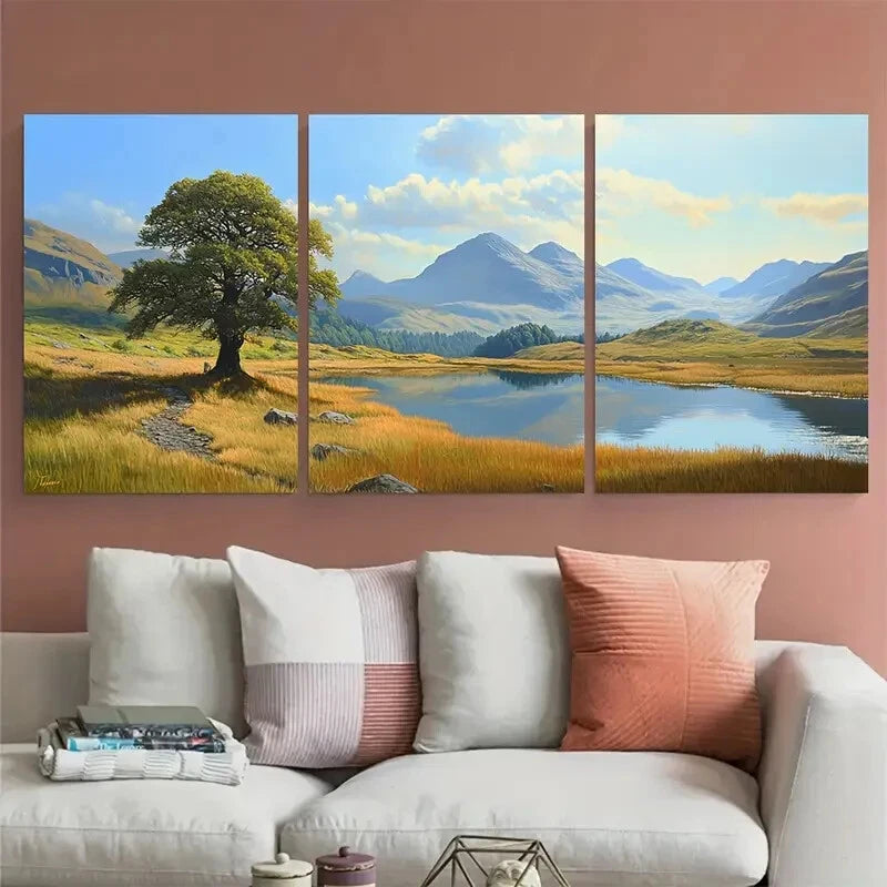 3pcs Yew Tree Tarn and Langdale Pikes Lake View Metal Print Ready to Hang Art