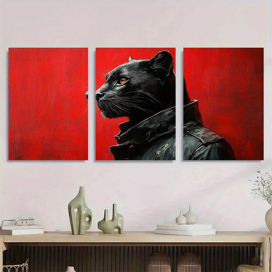 3pcs Modern Black Panther Vibrant Red Metal Print Ready to Hang Art