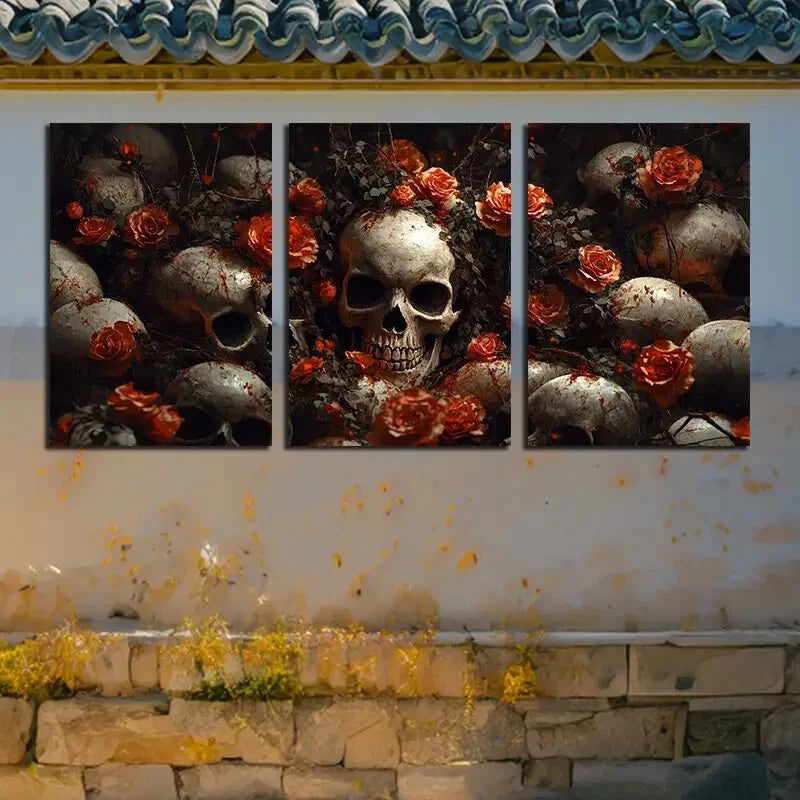 3pcs Modern Gothic Floral Skull Design Metal Print Ready to Hang Art