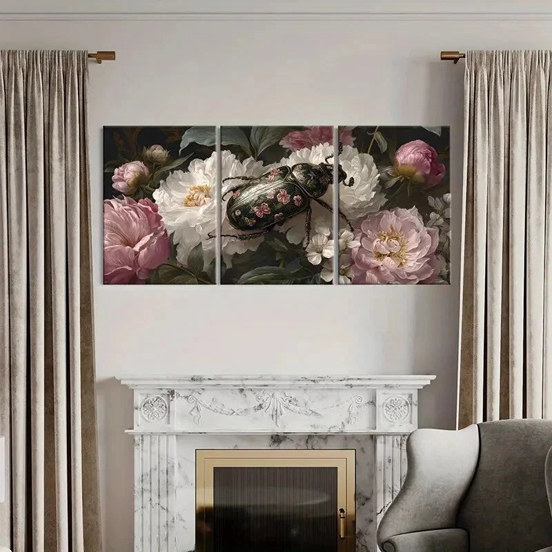 3pcs Elegant Peony Floral Canvas Art Beetle Design Metal Print Ready to Hang Art