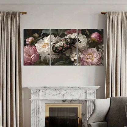 3pcs Elegant Peony Floral Canvas Art Beetle Design Metal Print Ready to Hang Art