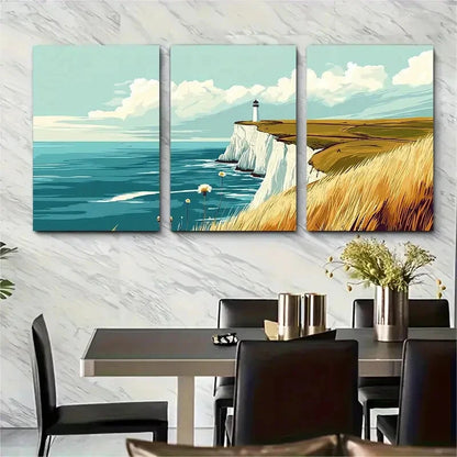 3pcs White Cliffs Scene with Lighthouse & Daisies Metal Print Ready to Hang Art
