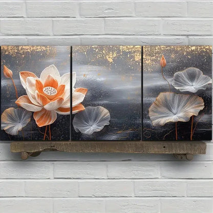 3pcs Water Lily Trio Orange and Gray Metal Print Ready to Hang Art