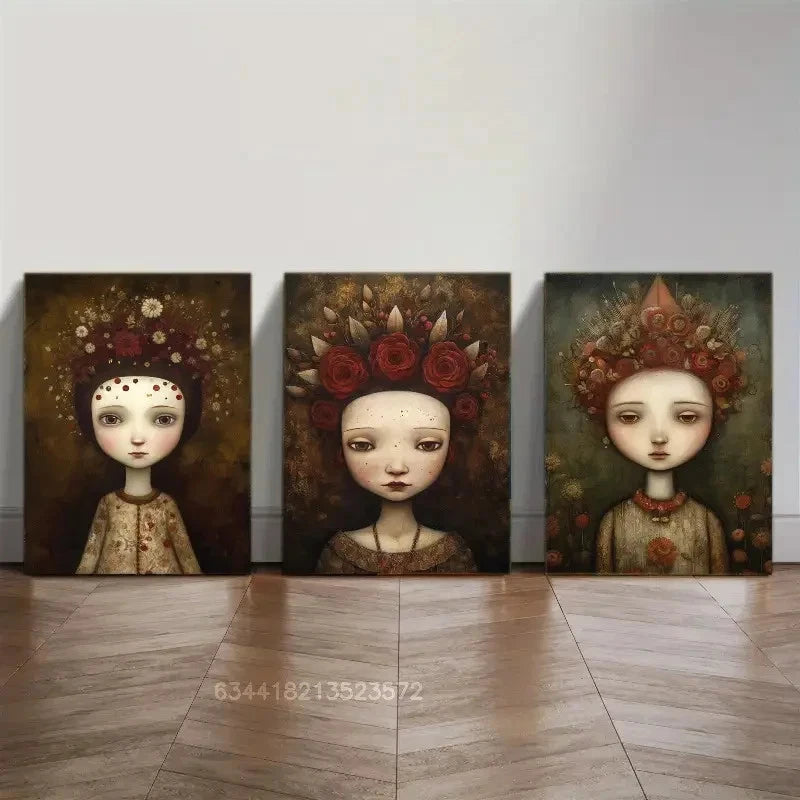3pcs Portrait Art Posters Floral Wall Art Metal Print Ready to Hang Art