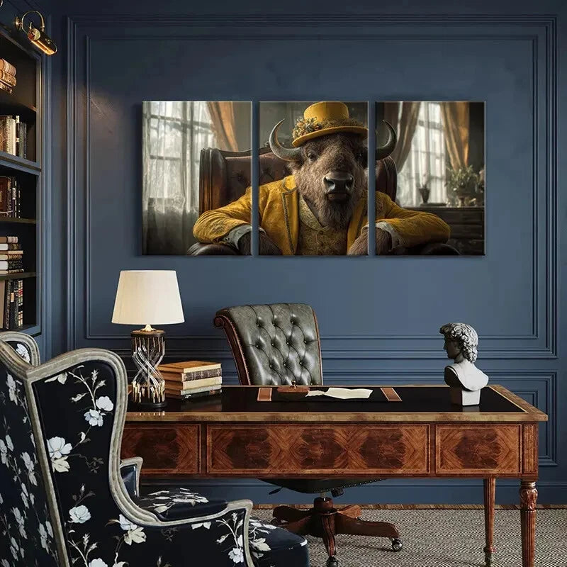 3pcs Elegant Buffalo in Golden Attire Animal Metal Print Ready to Hang Art