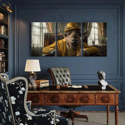 3pcs Elegant Buffalo in Golden Attire Animal Metal Print Ready to Hang Art