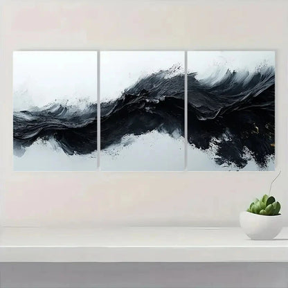 3pcs Abstract Black and White Minimalist Textured Metal Print Ready to Hang Art