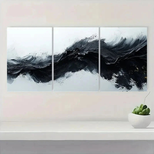 3pcs Abstract Black and White Minimalist Textured Metal Print Ready to Hang Art