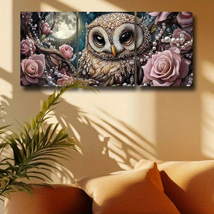 3pcs Adorable Baby Owls with Moonlit Floral Metal Print Ready to Hang Art