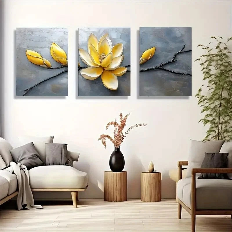 3pcs Yellow Mulberry Orchid Flower Branch Plant Metal Print Ready to Hang Art