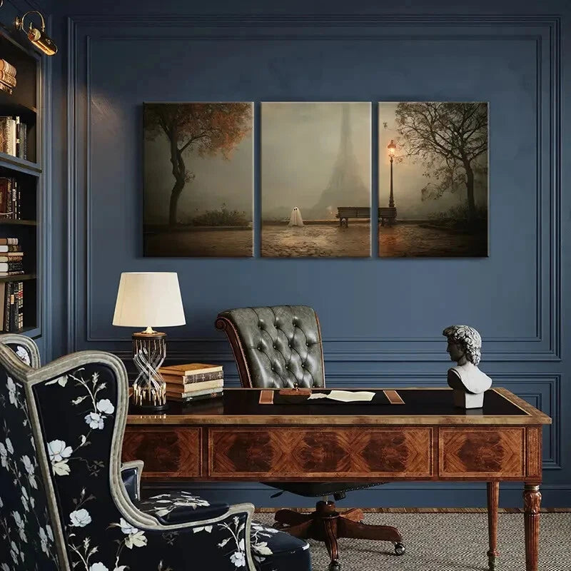 3pcs Eiffel Tower Ghostly Figure Foggy Atmosphere Metal Print Ready to Hang Art