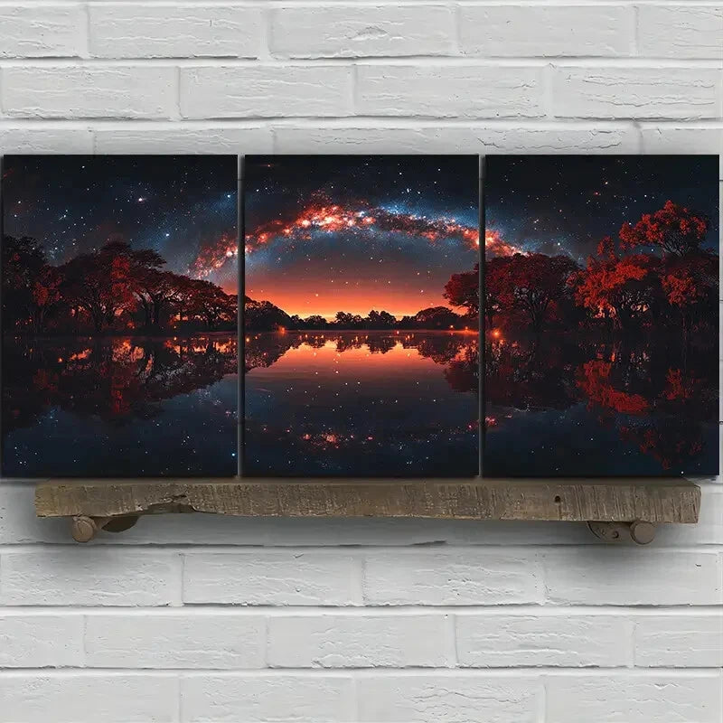 3pcs Forest Lake Reflections Golden Metal Print Ready to Hang Art