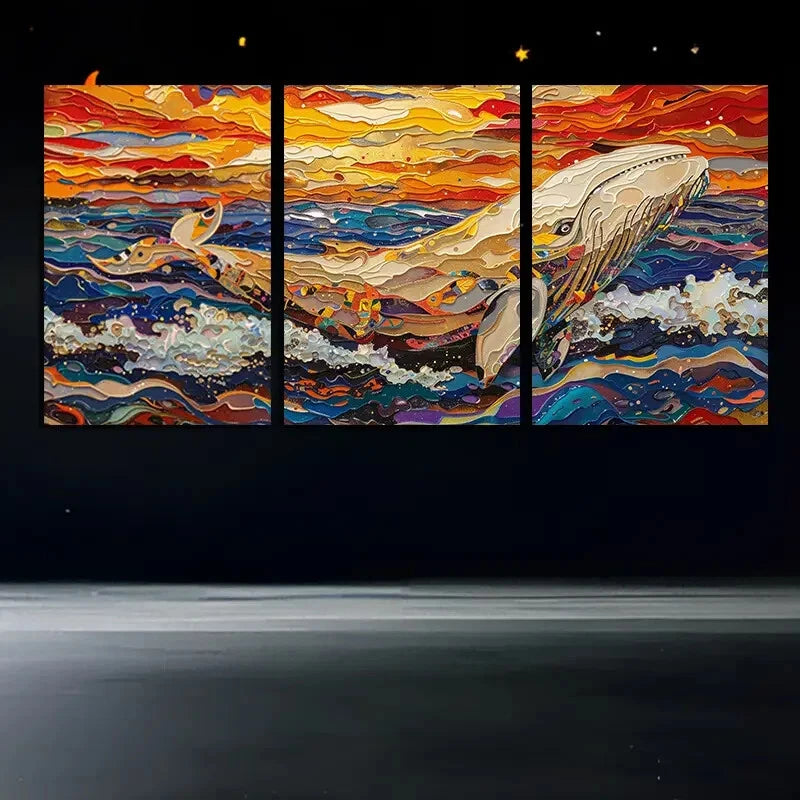 3pcs Vibrant Whale in Ocean Illustration Metal Print Ready to Hang Art