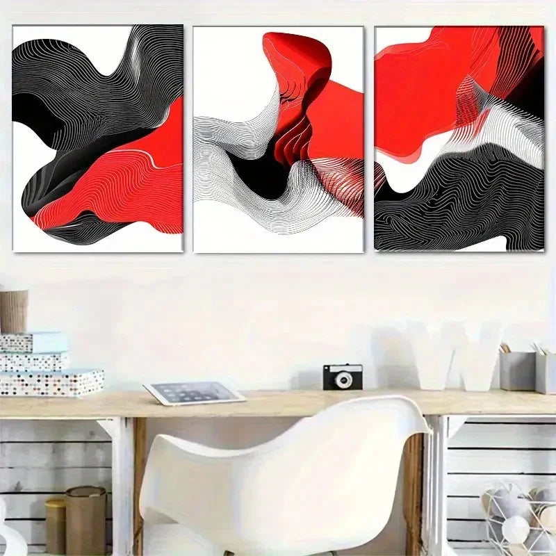 3pcs Red and Black Abstract Wave Design Metal Print Ready to Hang Art