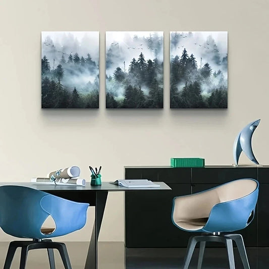 3pcs Foggy Forest Trees Modern Metal Print Ready to Hang Art