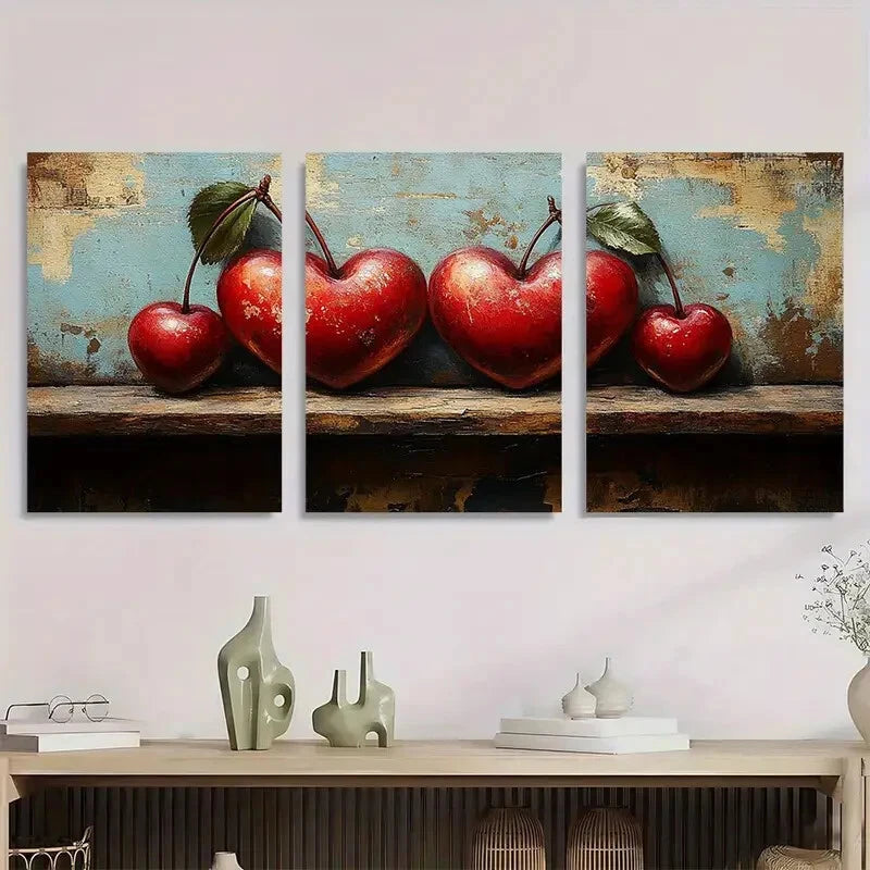 3pcs Vintage Cherry Oil Painting Metal Print Ready to Hang Art