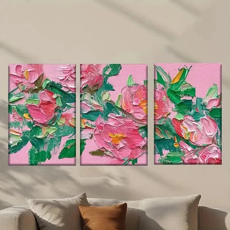 3pcs Vibrant Pink Flowers and Green Leaves Wall Art Set Canvas Framed 40x60cm - High Quality Print 100% Australian Made Wall Canvas Ready to Hang