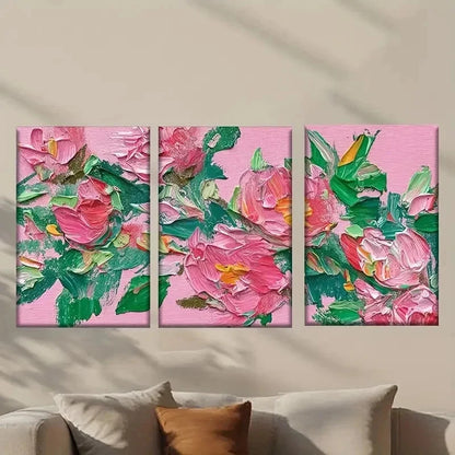 3pcs Vibrant Pink Flowers and Green Leaves Wall Art Set Canvas Framed 40x60cm - High Quality Print 100% Australian Made Wall Canvas Ready to Hang