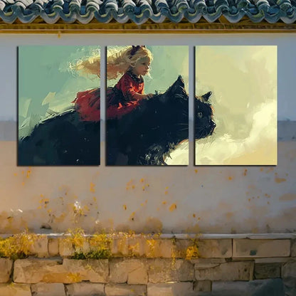 3pcs Charming Girl & Black Cat Illustration Metal Print Ready to Hang Art