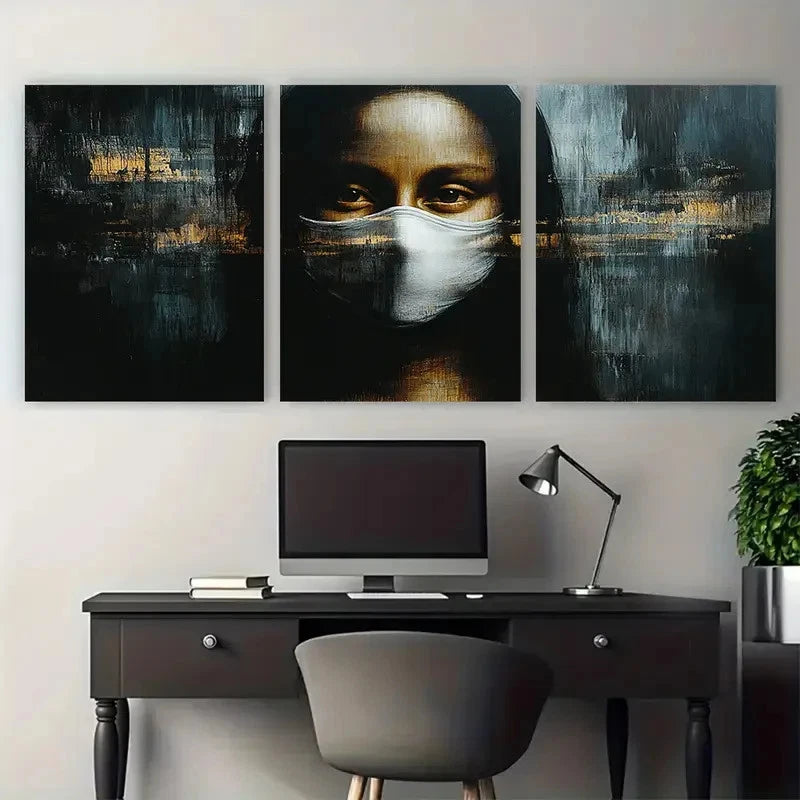 3pcs Mona Lisa Face Mask Illustration Metal Print Ready to Hang Art