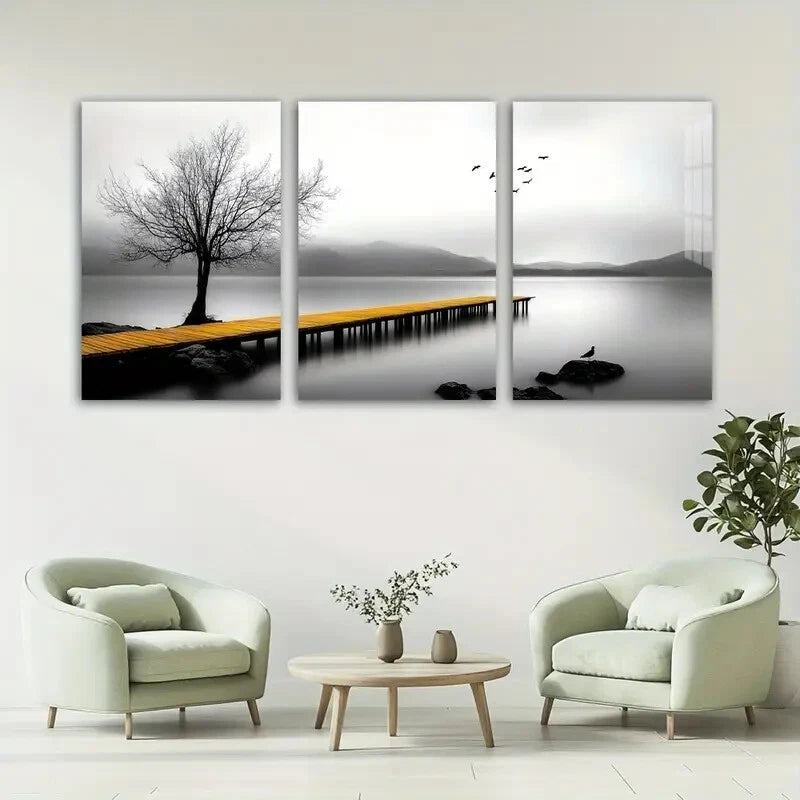 3pcs Seaside Birds and Trees Black Themed Metal Print Ready to Hang Art