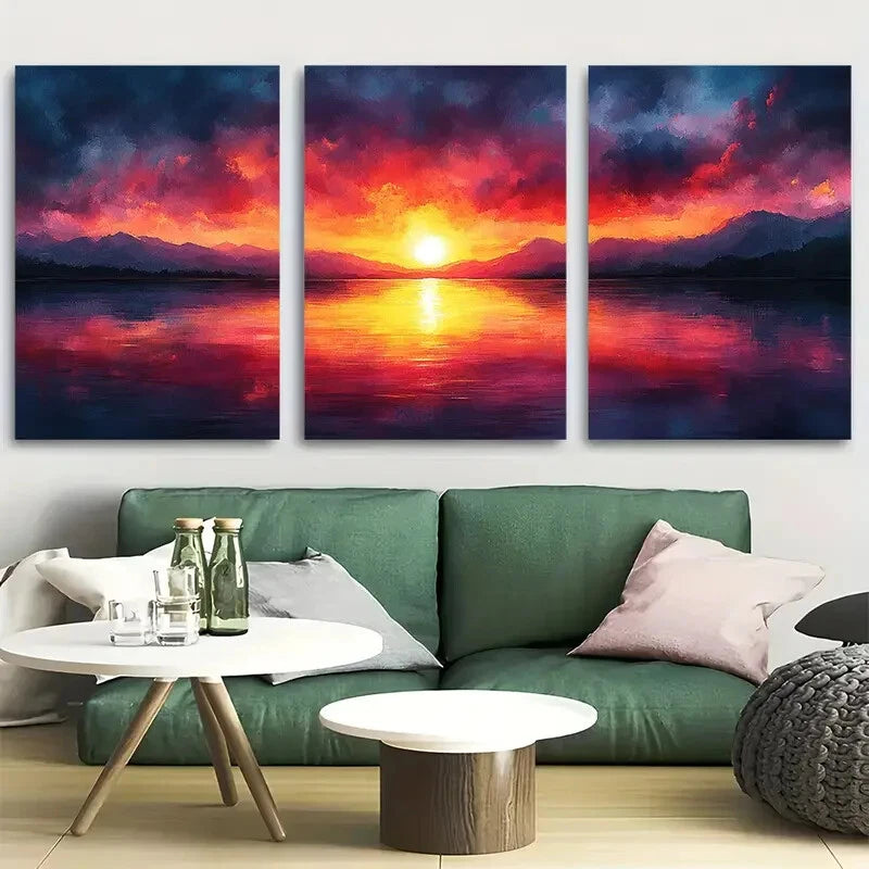 3pcs Dramatic Watercolor Sunset Landscape Metal Print Ready to Hang Art