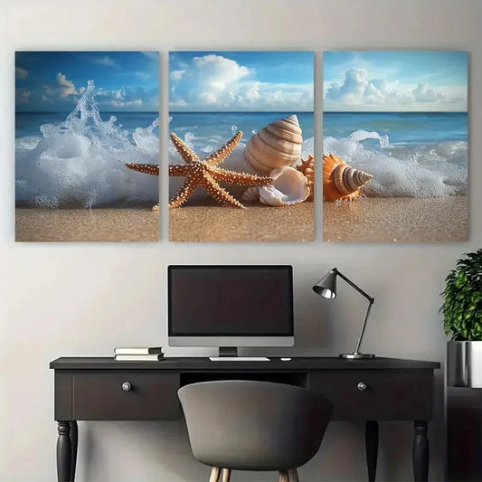 3pcs Coastal Beach Photography Starfish & Shells Wall Art Set Canvas Framed 50x70cm - High Quality Print 100% Australian Made Wall Canvas Ready to Hang