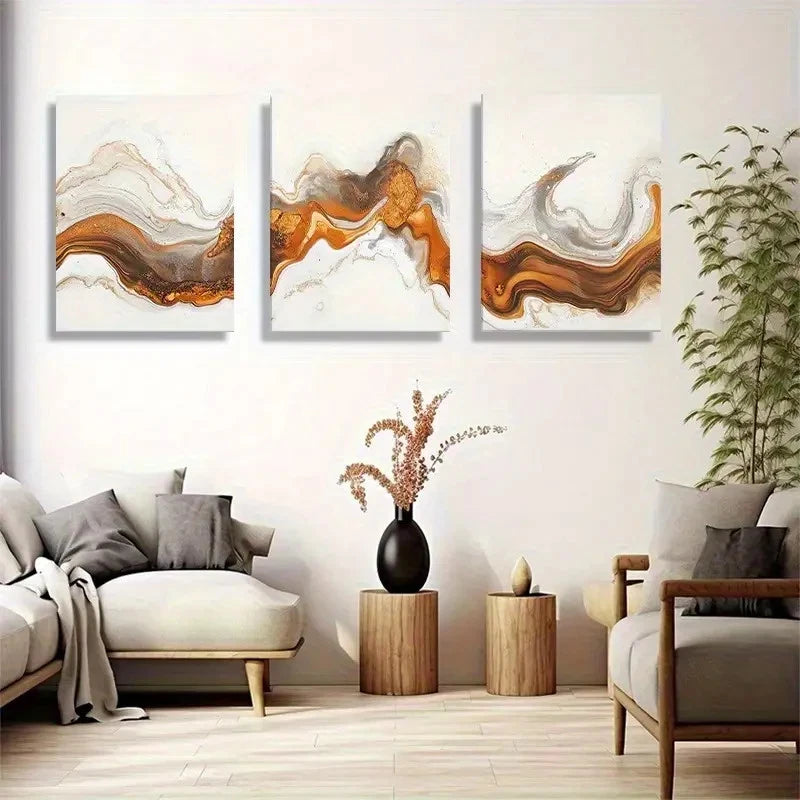 3pcs Warm Soil Tones Abstract Fluid Swirl Metal Print Ready to Hang Art