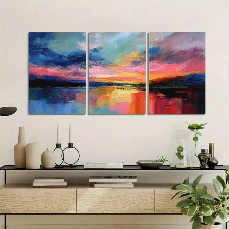 3pcs , Colorful Sky and Waves Landscape Painting Metal Print Ready to Hang Art