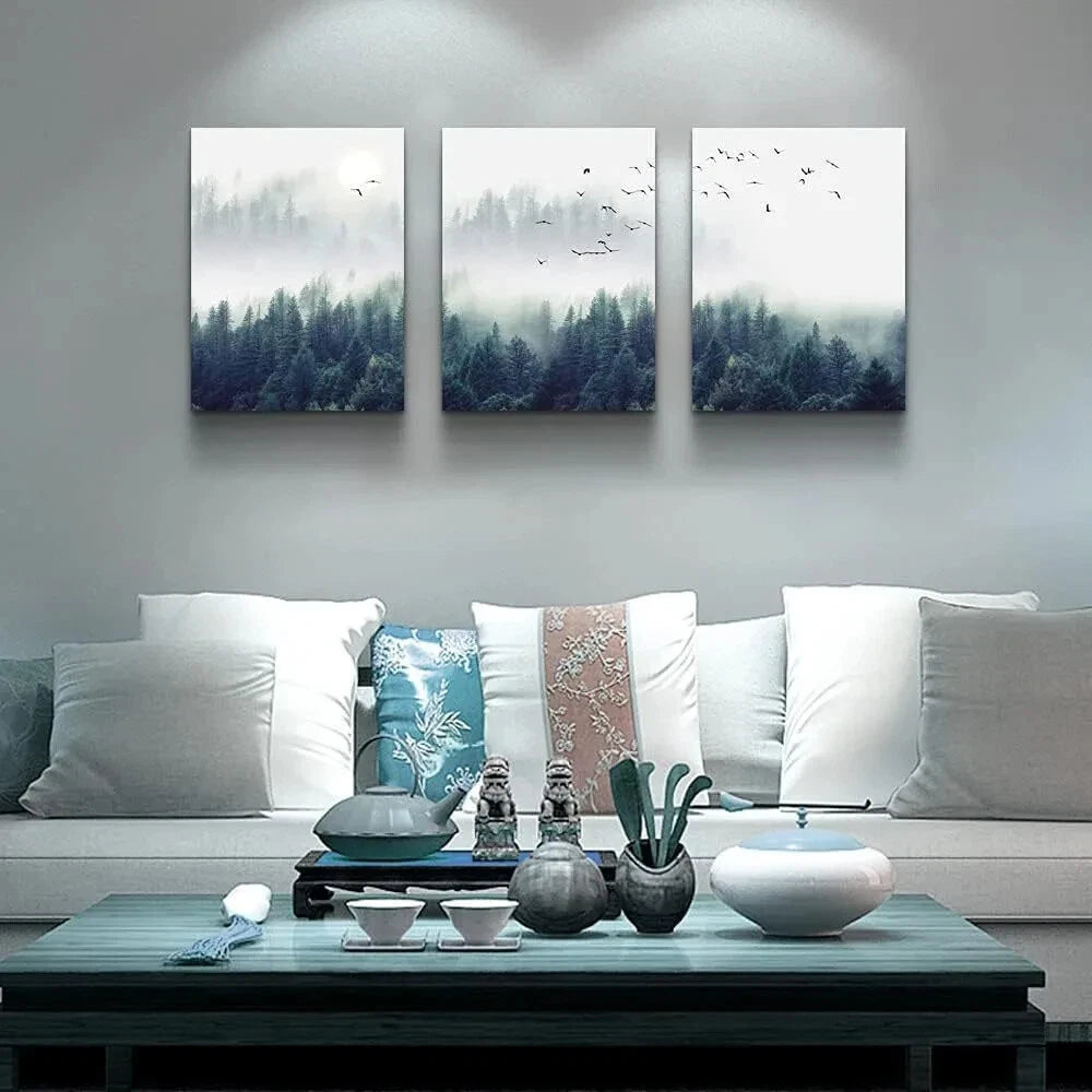 3pcs Foggy Forest Trees Landscape Metal Print Ready to Hang Art