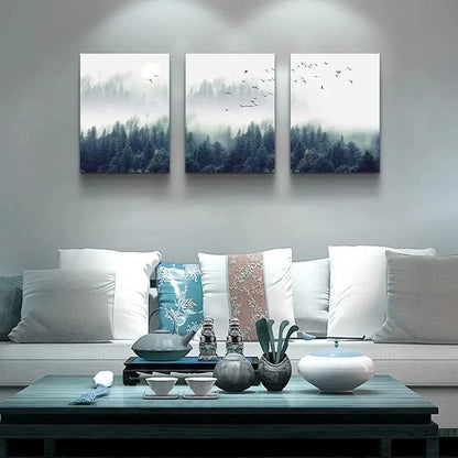 3pcs Foggy Forest Trees Landscape Metal Print Ready to Hang Art